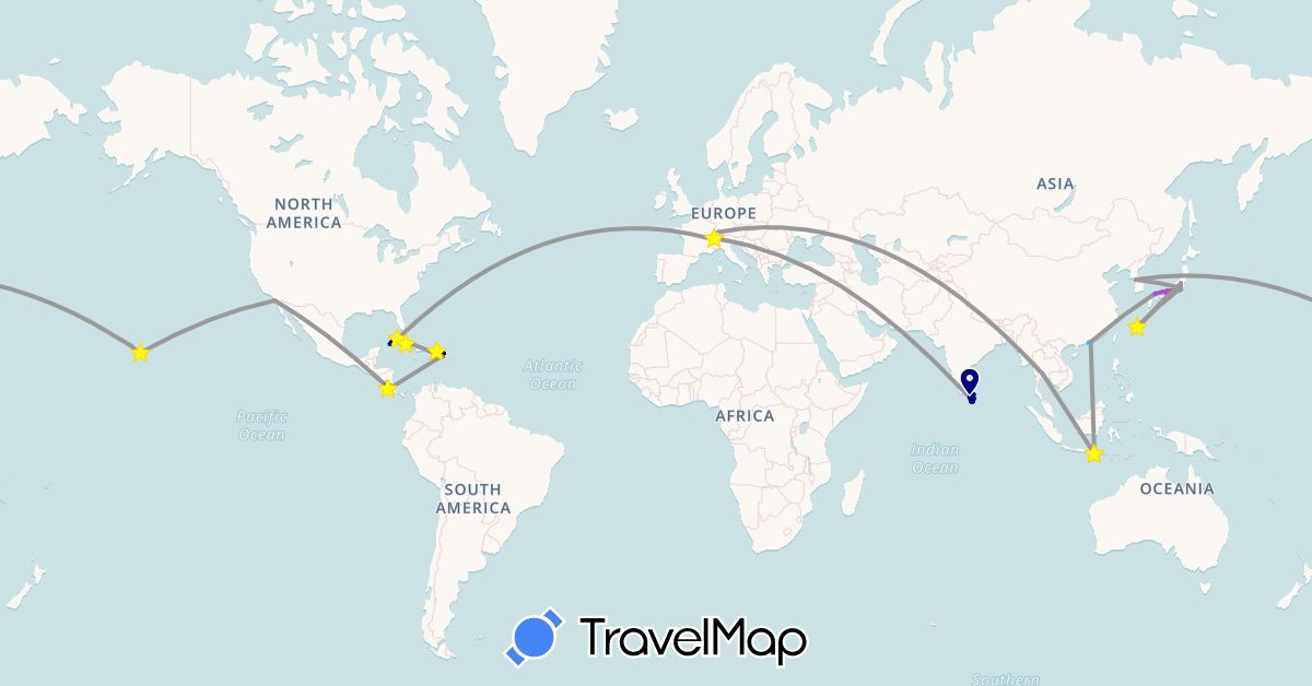 TravelMap itinerary: driving, bus, plane, train, boat, quad in Switzerland, Costa Rica, Cuba, Dominican Republic, Hong Kong, Indonesia, Japan, South Korea, Sri Lanka, Macau, Thailand, United States (Asia, Europe, North America)